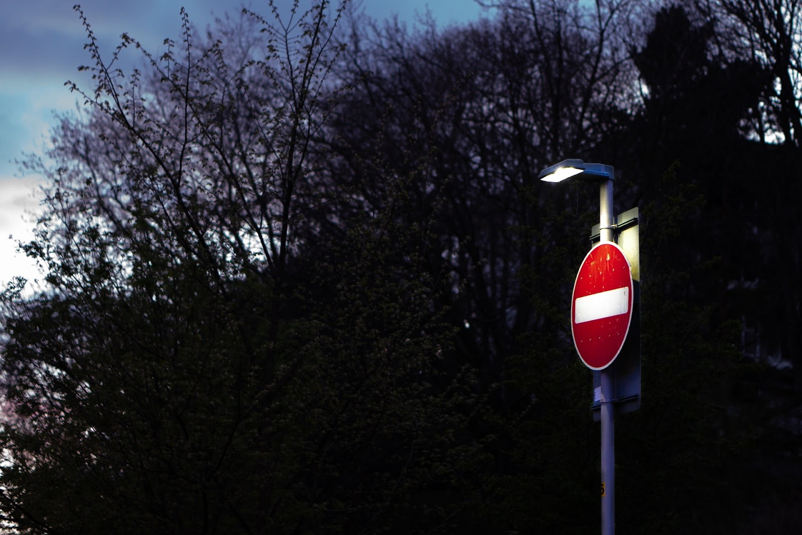 A stop sign under a dimly lit street light