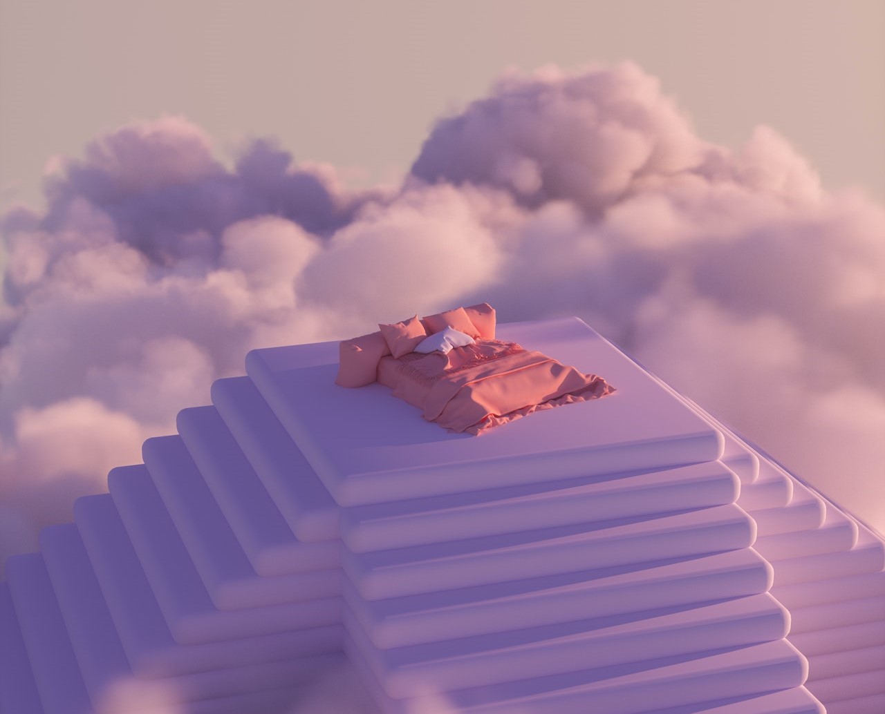graphic of bed atop a pyramid of stairs in a cloudy sky