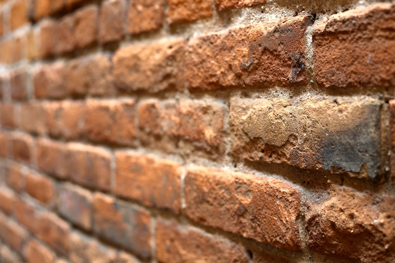 A close-up photograph of a brick wall with varying shades of reddish-brown bricks stacked neatly together. The rough texture of the bricks is visible