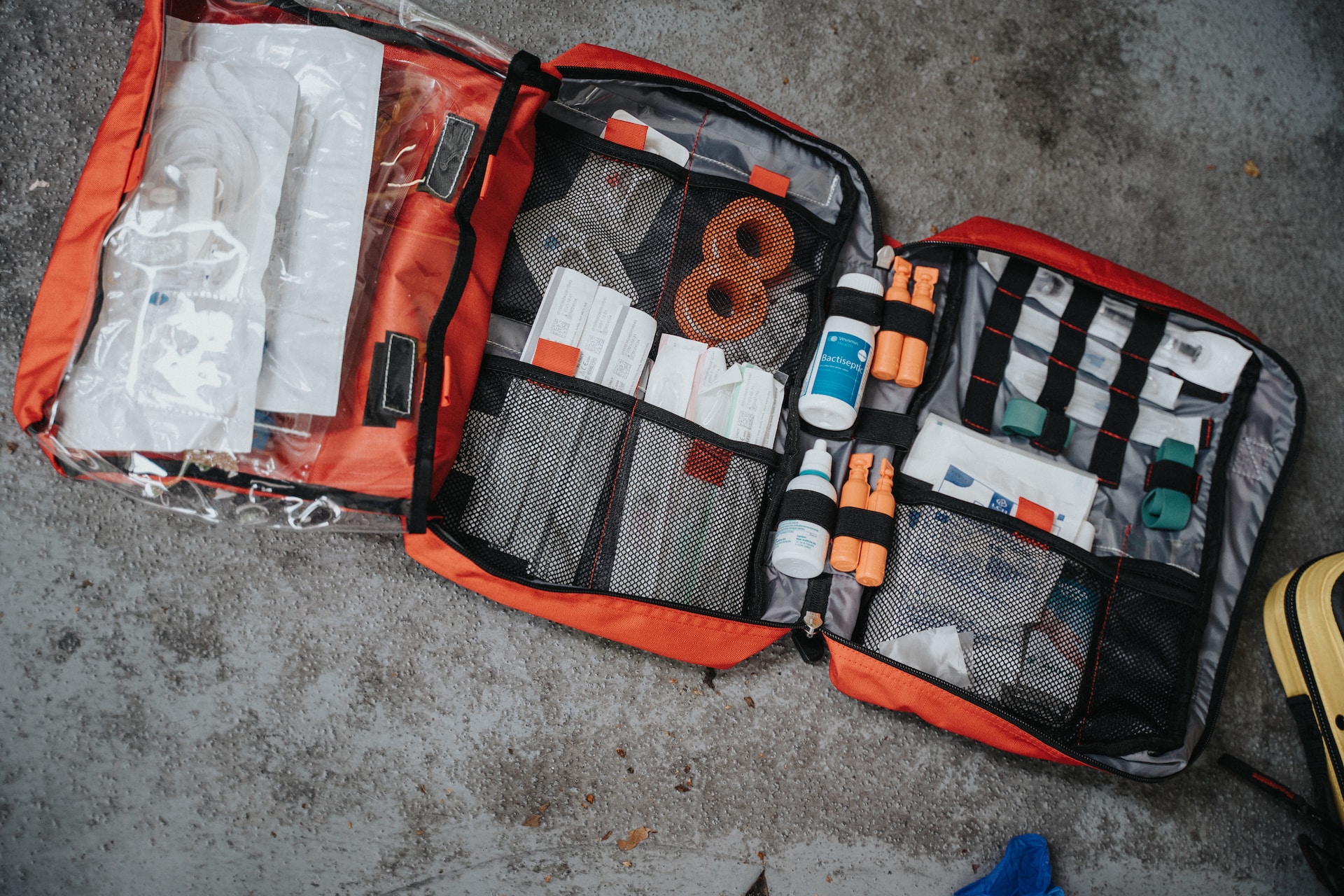 An open medical first aid kit