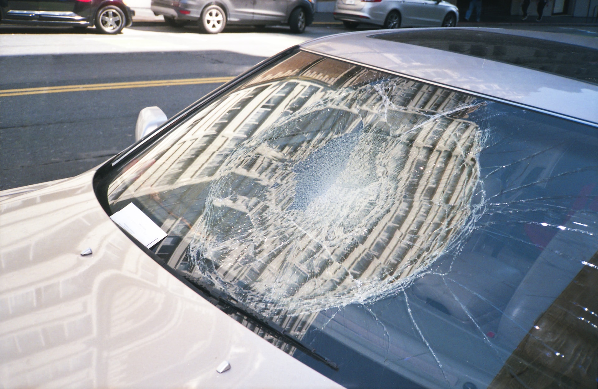A crashed windscreen on a car