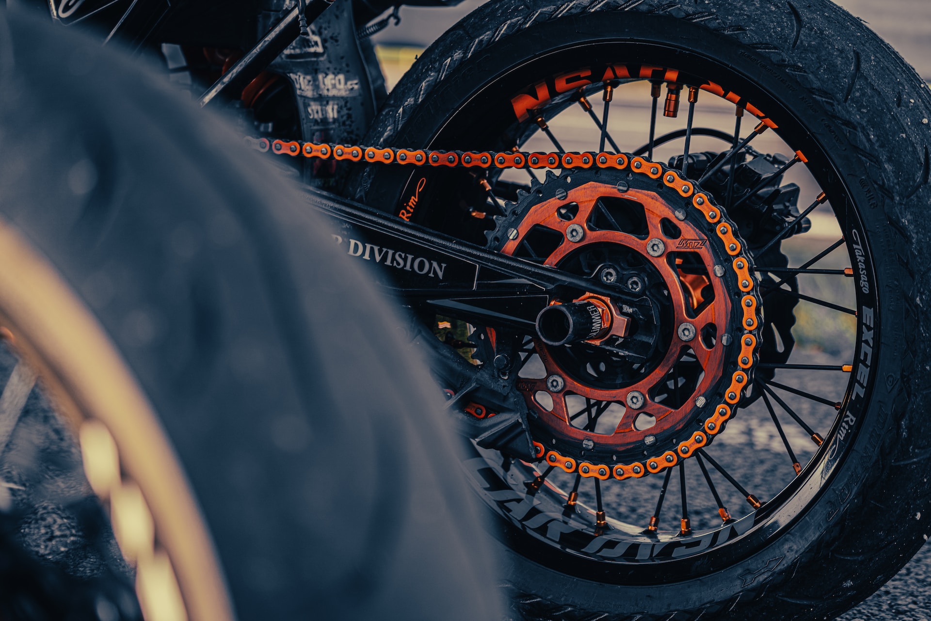 the rear wheel of a motorbike