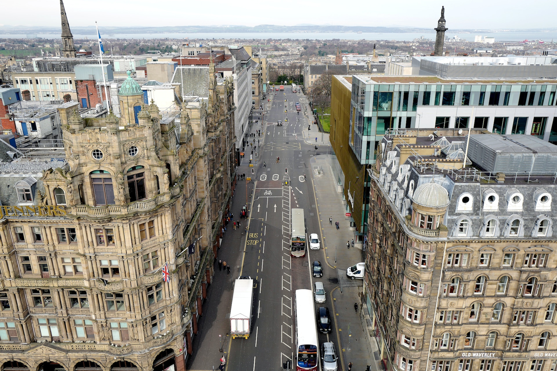 Aerial shot of a city street in Scotland