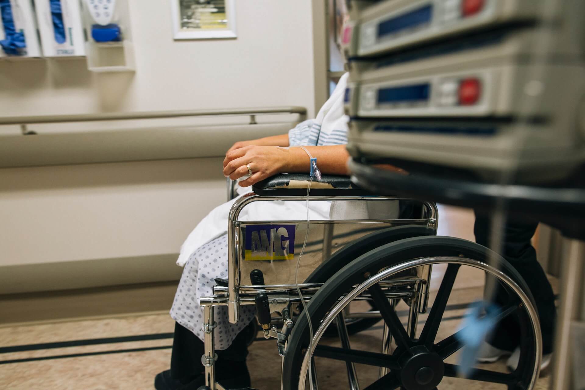 A hospital patient in a wheelchair