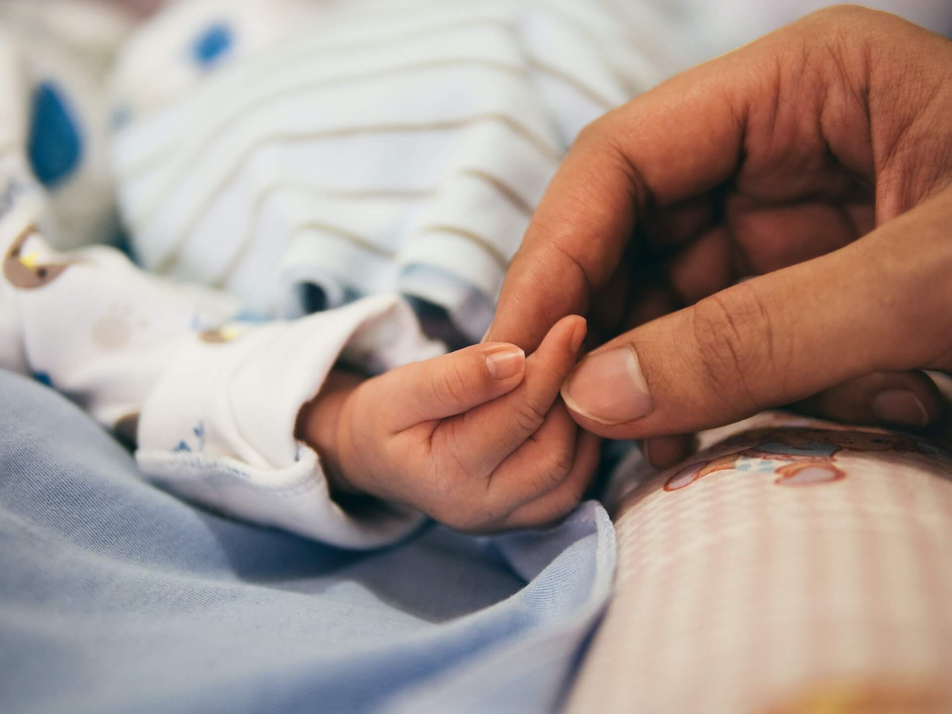 A new born child holding a parents hand